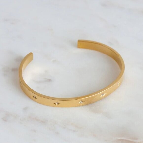 Gold Bangle Bracelet Sparkle Cuff Bracelet Waterproof Bracelet Star CZ Gorgeous - Picture 1 of 12